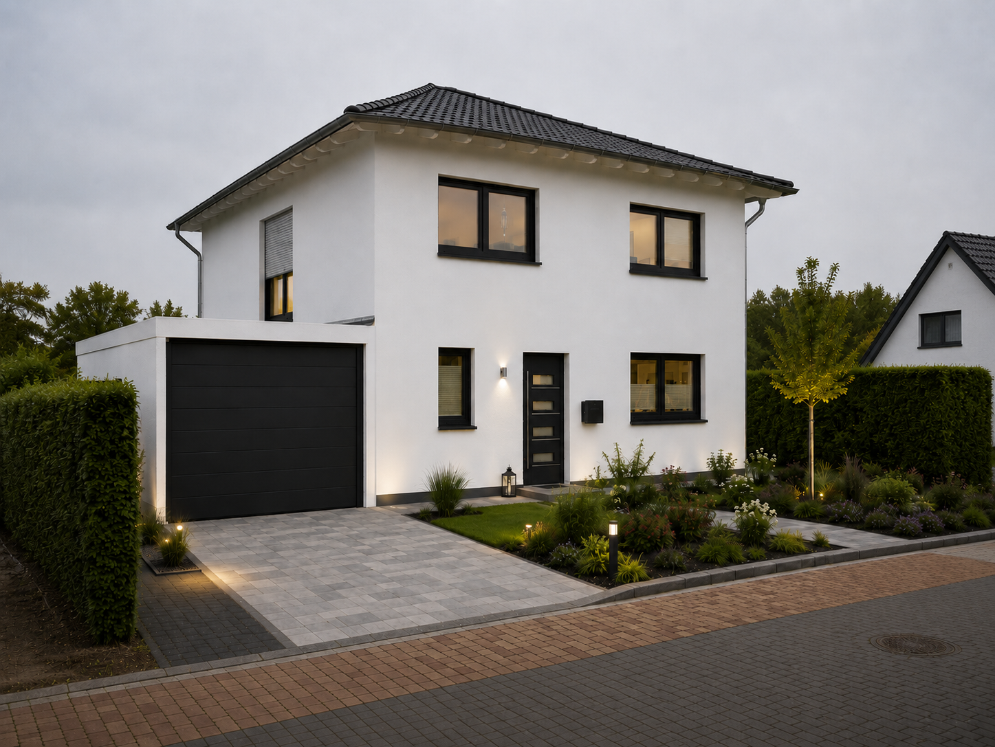 Modern, twee verdiepingen tellend vrijstaand huis met zwart garagehek en verzorgde tuin.