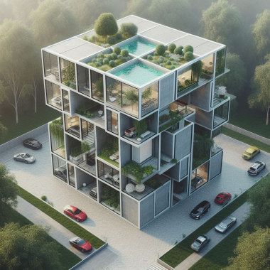 Moderne architektonische Sonderbau mit mehreren Ebenen, Grünflächen und einem Pool auf dem Dach, zeigt innovative und nachhaltige Bauprojekte.