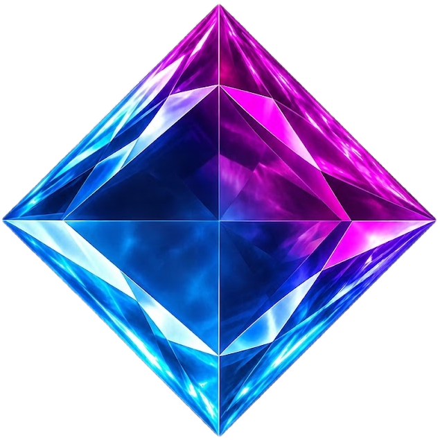 Diamantvormig ornament in blauw- en paarskleuren, facettenrijk met heldere reflecties, op zwarte achtergrond.