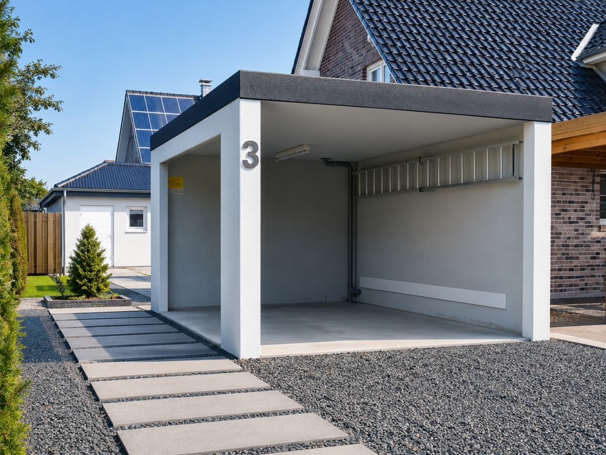 Carport met genummerde zuilen voor een modern huis met zonnepanelen en verzorgde tuin.