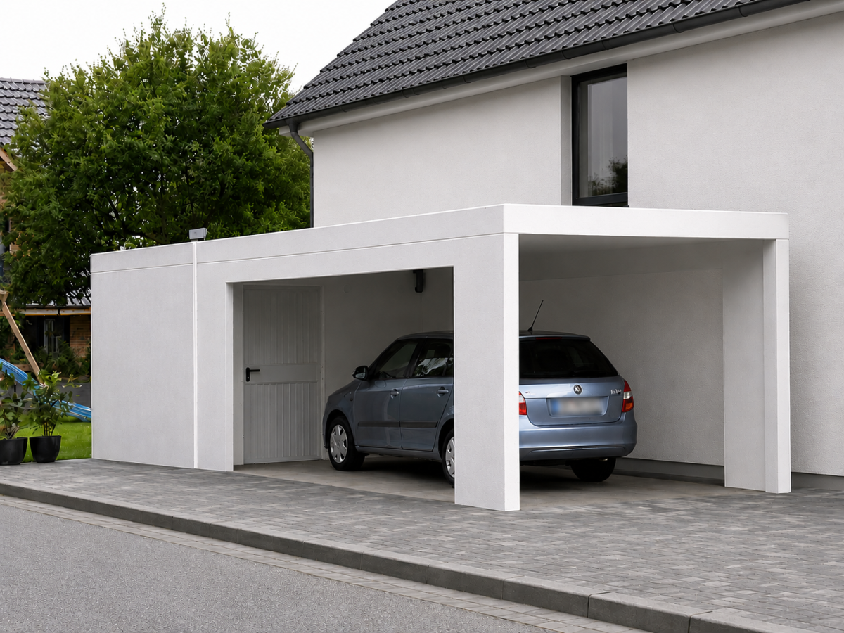 Helder eengezinswoning met carport en geparkeerde blauwe auto op bestraten oprit.