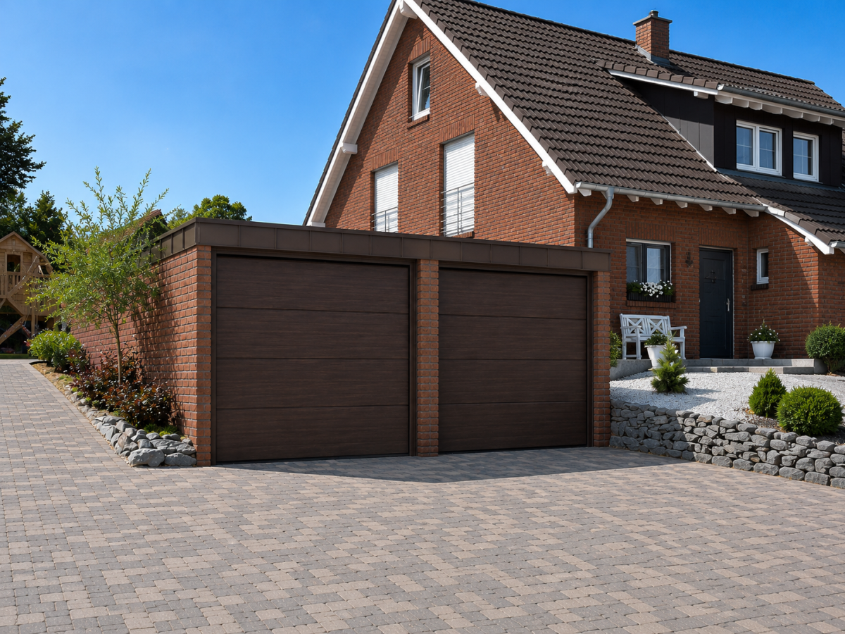 Tweestijdig bakstenen huis met dubbele garage en geplaveide oprit. Blauwe lucht.