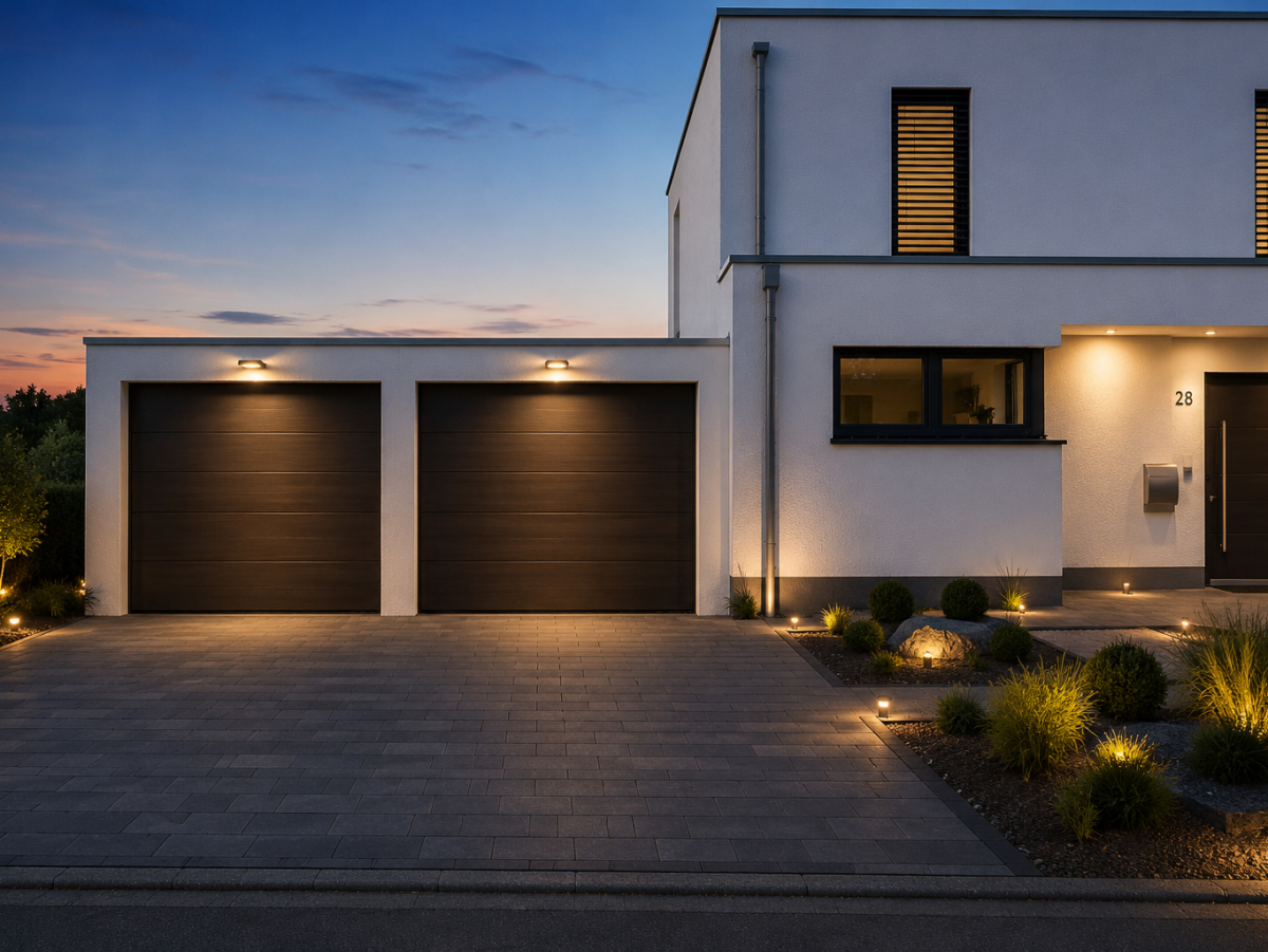 Modern huis met dubbele garage en bestraat erf. Buitenverlichting accentueert gevel en tuin.