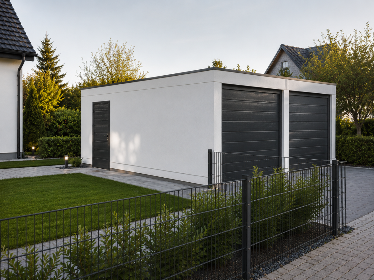 Wit dubbel carport met grijze garagedeuren, omringd door gazon en hagen. Voortuin met bestraat pad.