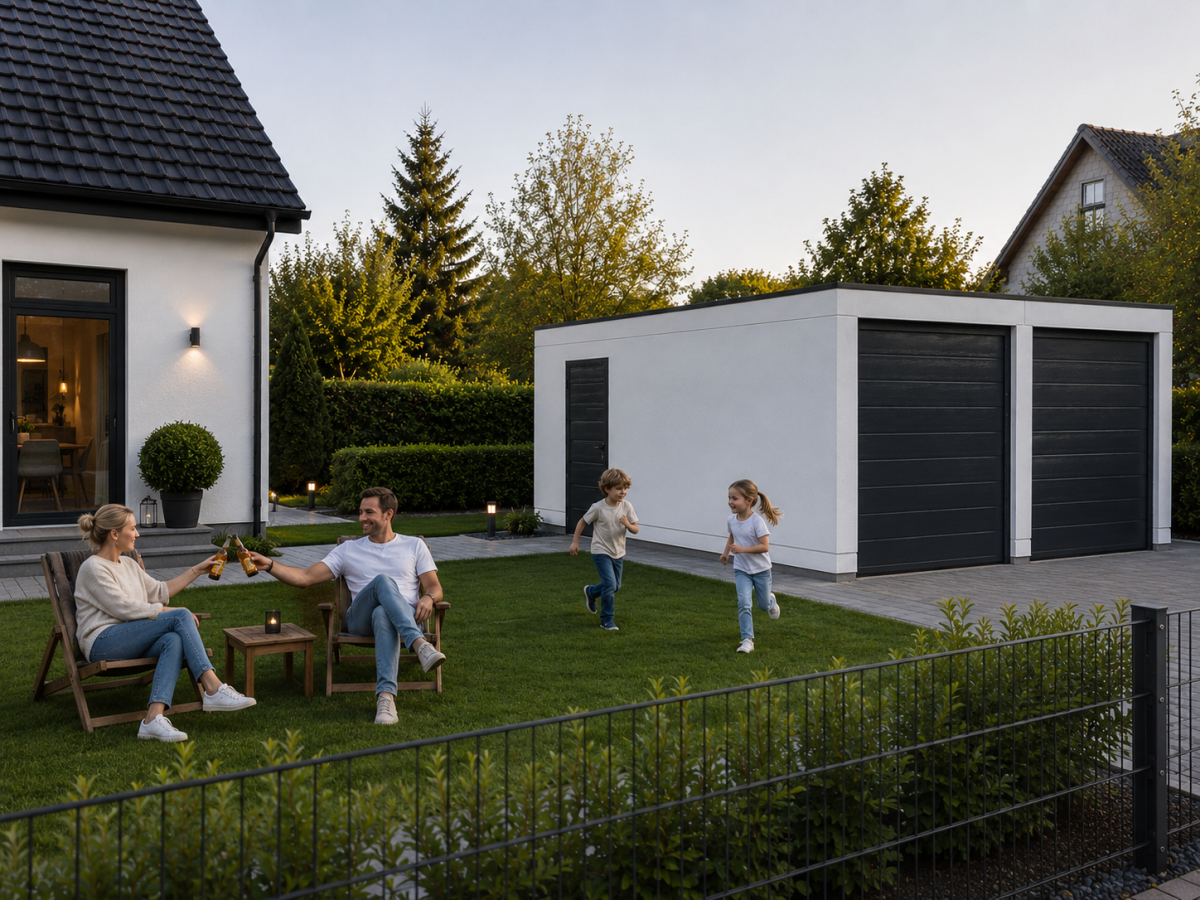 Familie zit in tuin voor modern huis, kinderen spelen op gazon. Op achtergrond garage en heg.