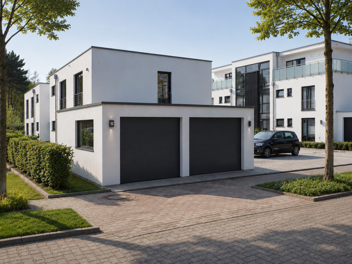 Moderne rijtjeshuizen met garages, geplaveide binnenplaats en bomen op de voorgrond.