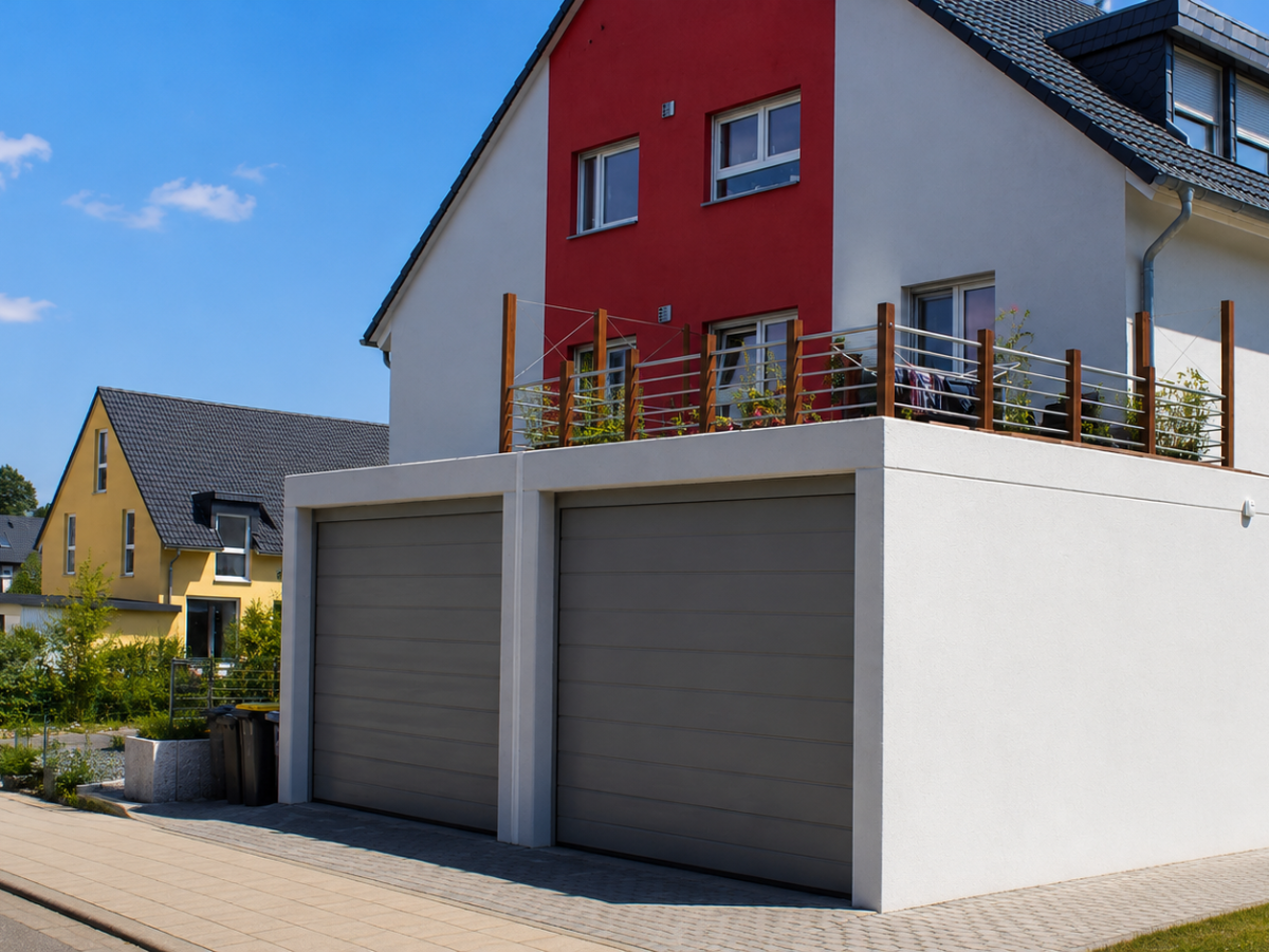 Modern rijtjeshuis met garage, rode accenten en balkon. Straatbeeld met andere huizen en blauwe lucht.