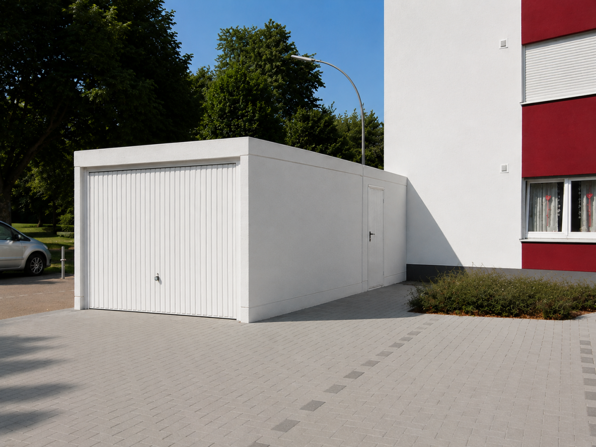 Witte carport met roldeur voor een modern gebouw met rode accenten.