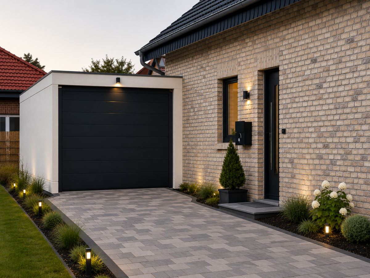 Eengezinswoning met bestraat oprit en garage. Verlichte tuin.