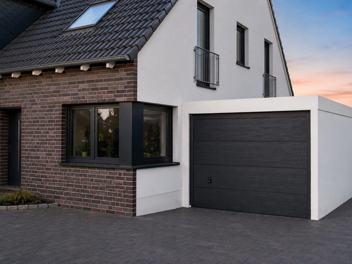 Modern eengezinswoning met garage. Gedeeltelijk baksteen- en stucwerkgevel, donker zadeldak, bestraatte oprit.
