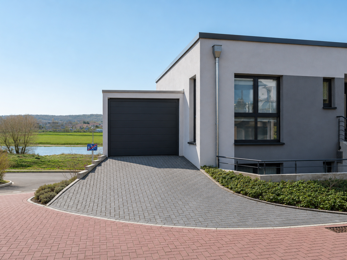 Modern eengezinswoning met grijze garage en bestraat erf. Op de achtergrond een meer en landschap.