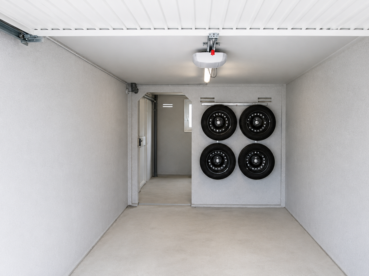 Opgeruimde garage met vier opgehangen banden aan de muur. Garagedeur is open, zicht op een hal.