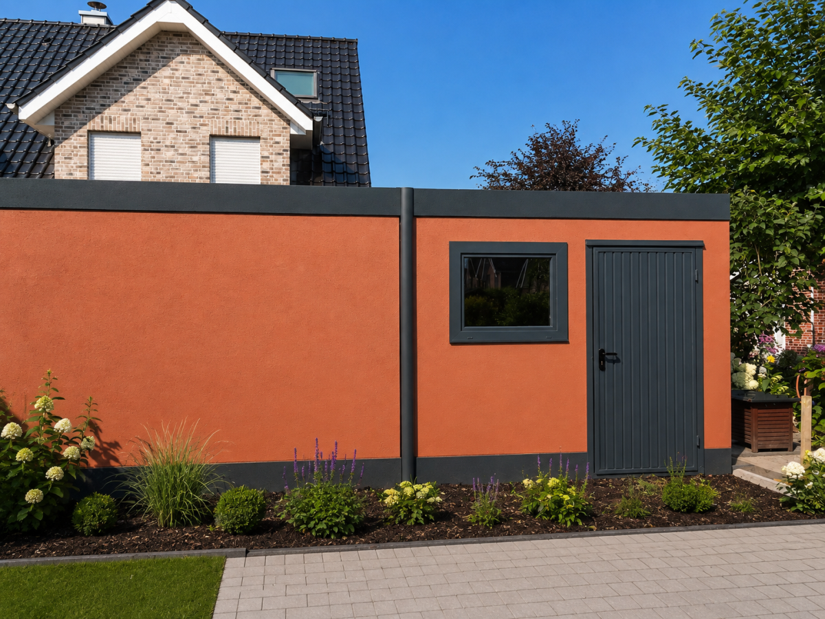 Rode tuinhek voor bakstenen huis. Klein raam en grijze deur in de heg. Bestraat pad en gazon op de voorgrond.