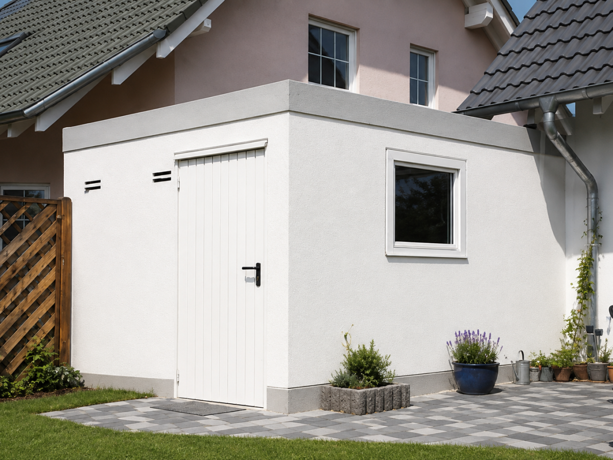 Witte schuur bij een huis, met deur, raam en bestraat terras. Op de achtergrond een tuinhek en planten.