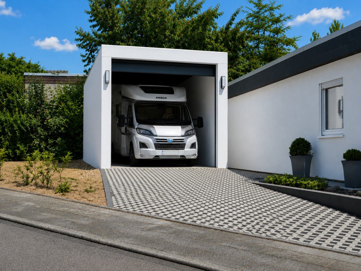 Witte camper rijdt een garage in met een betegelde oprit. Moderne bungalow met plat dak op de achtergrond.