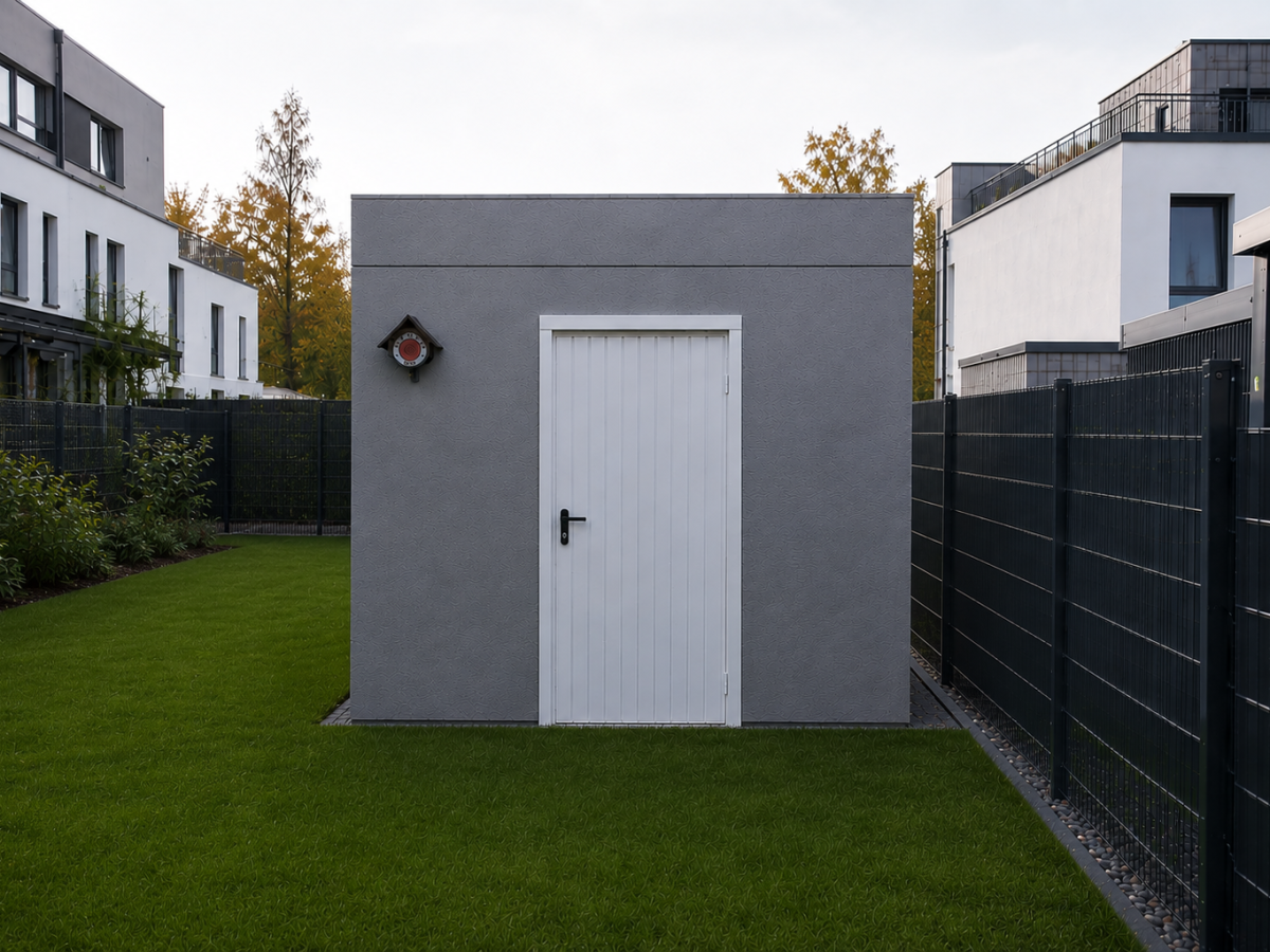 Grijze tuinhuis met witte deur, ernaast zwart hek. Achtergrond: moderne gebouwen en gazon.