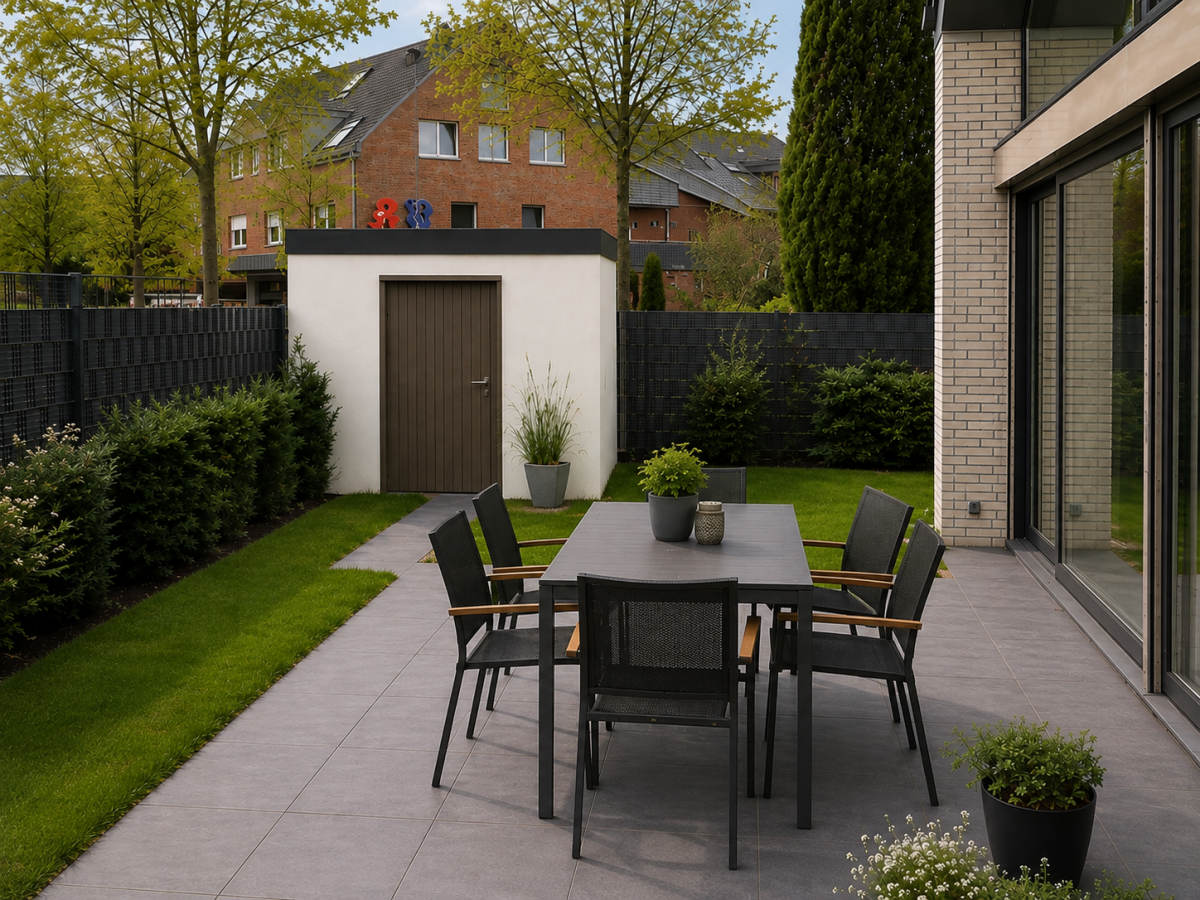 Gepaveerd terras met tuinmeubels, achter gebouwen en bomen.