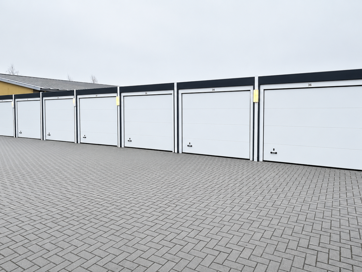 Rij garages met witte deuren en zwarte randen op een bestraat voorplein.