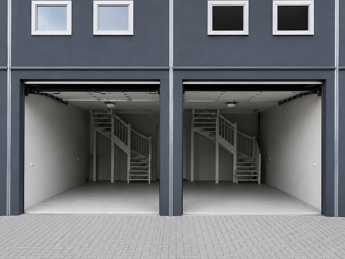 Donkergrijze dubbele garage met geopende deuren. Binnenin bevindt zich een wenteltrap per garage. Daarboven twee ramen per garagehelft.