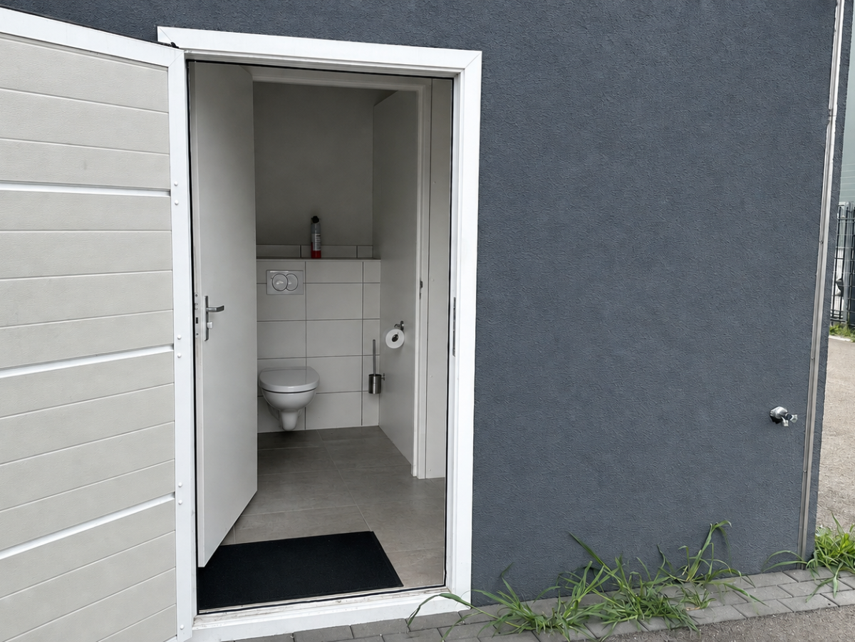 Toilet in een grijs gebouw. Deur staat open, toont toilet, wastafel en tegels.