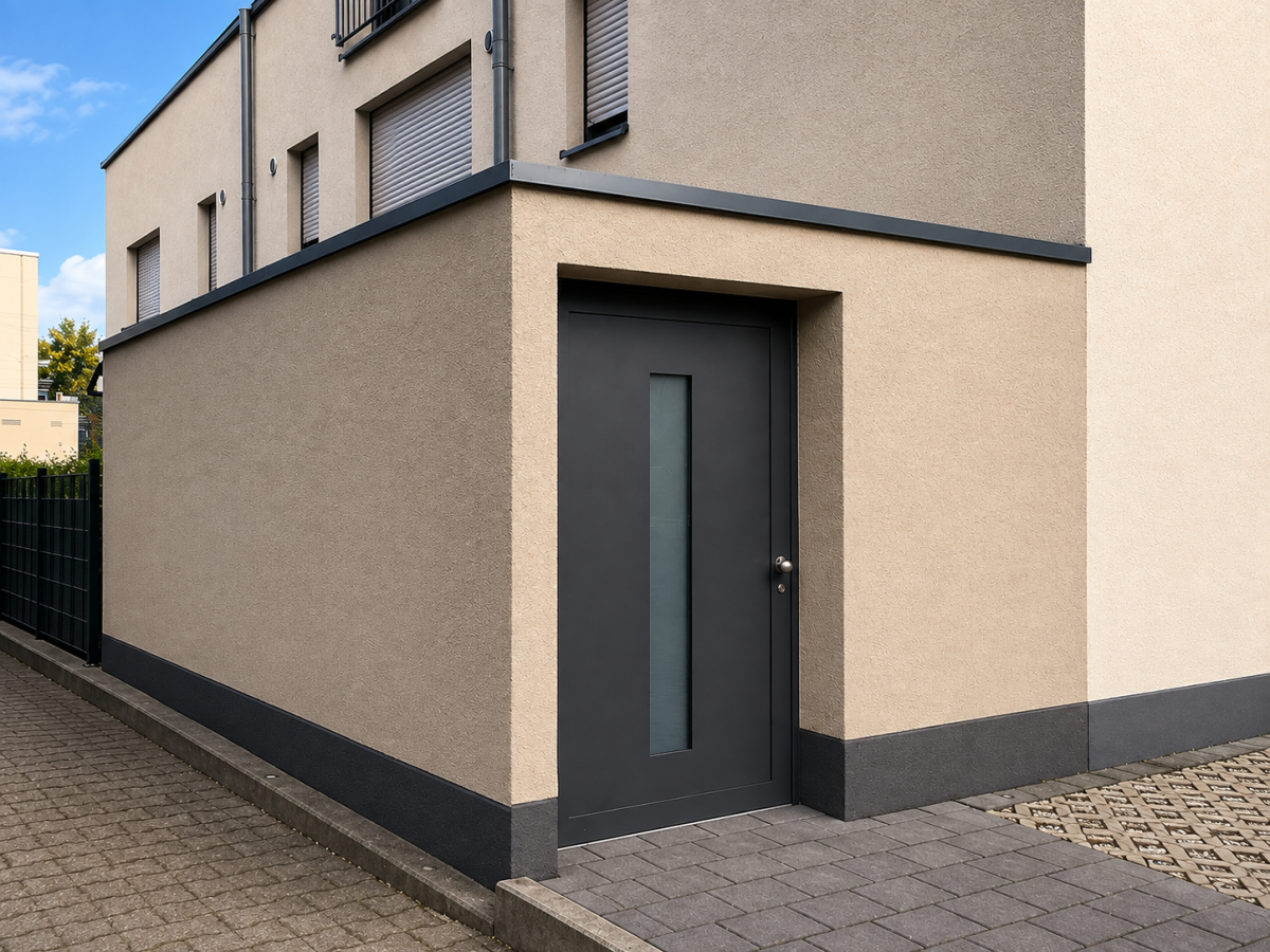 Hoekig gebouw met beige pleisterwerk, grijze plint en donkere ingang. Naast de ingang een geplaveid voetpad.