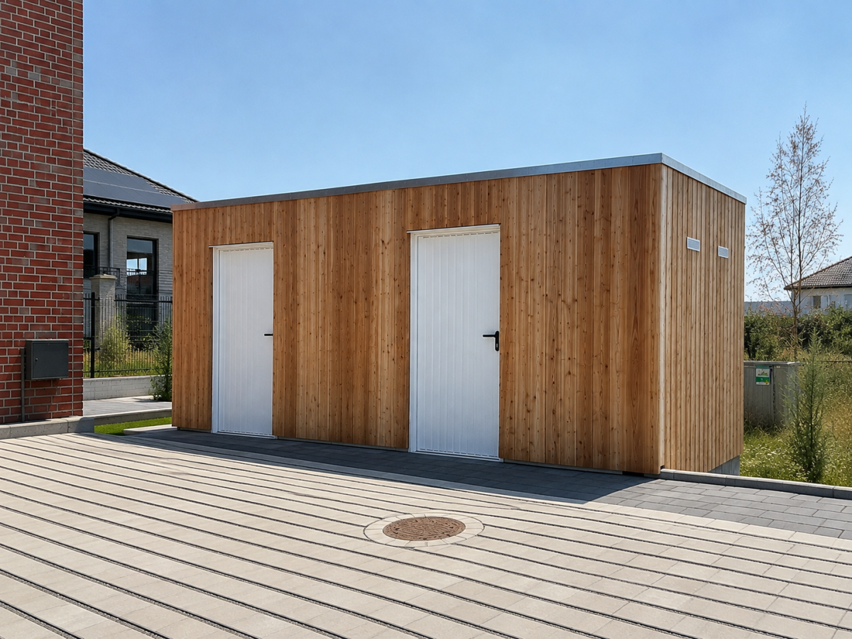 Houten gebouw met twee witte garagedeuren en een deur op een geplaveide oprit. Achtergrond: woonhuis en groene ruimte.