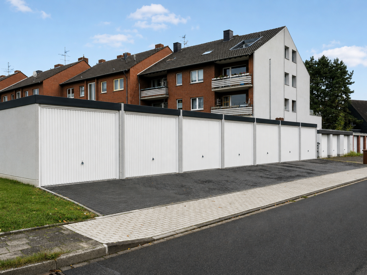 Rij witte garagedeuren aan een straat, woongebouwen op de achtergrond.