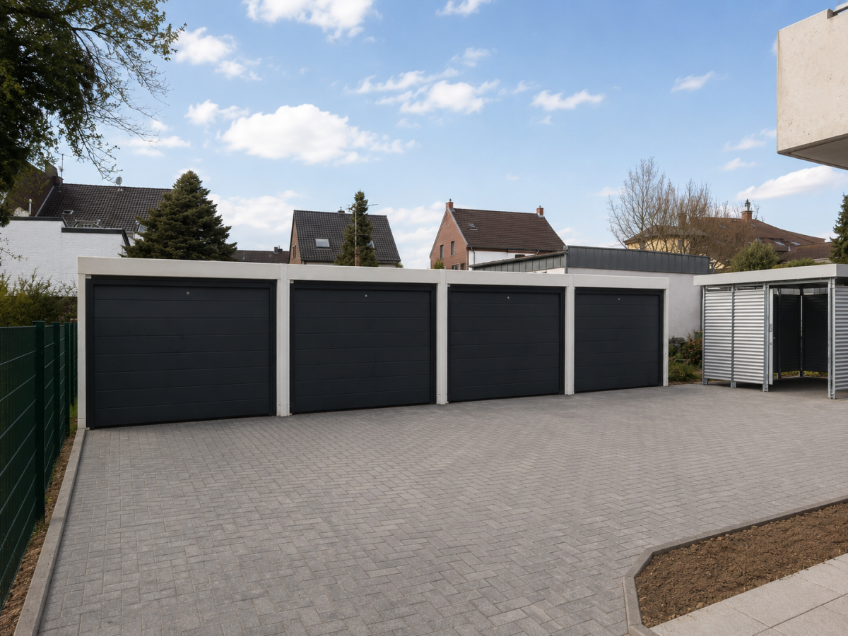 Rijhuis met vier garages en bestraatte binnenplaats. Op de achtergrond verdere huizen en een blauwe lucht met wolken.