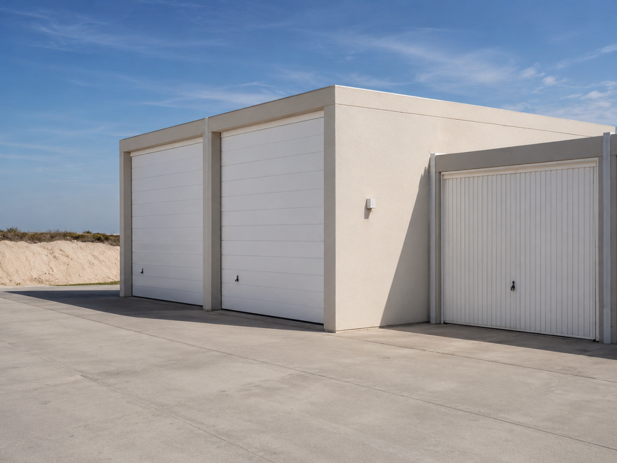Beige garage met drie witte garagedeuren en bestraat voorplein onder blauwe lucht.