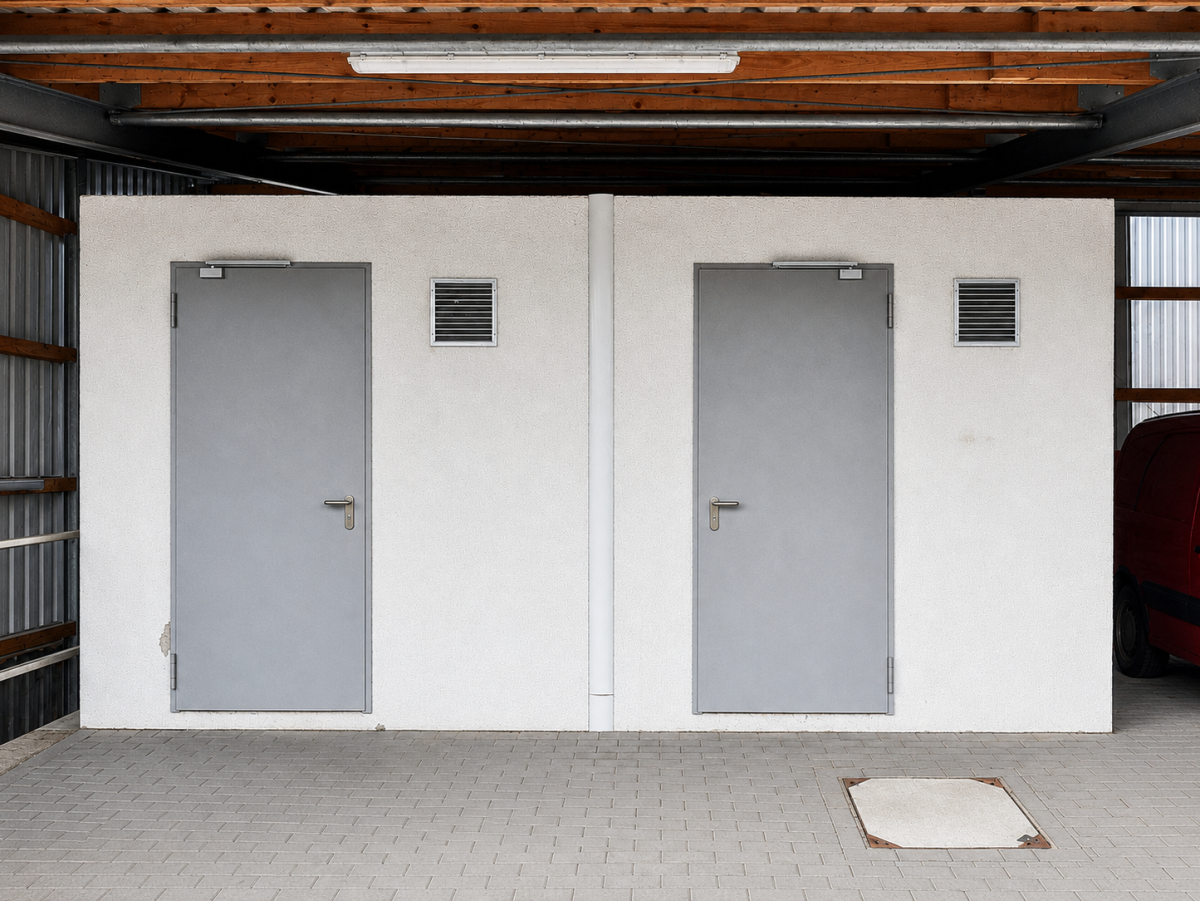 Twee grijze deuren in een bestraatte garage. Boven elke deur een klein rooster.
