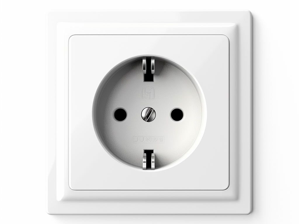 Witte stopcontact met twee ronde openingen, centrale schroef en 'JUNG'-opschrift.