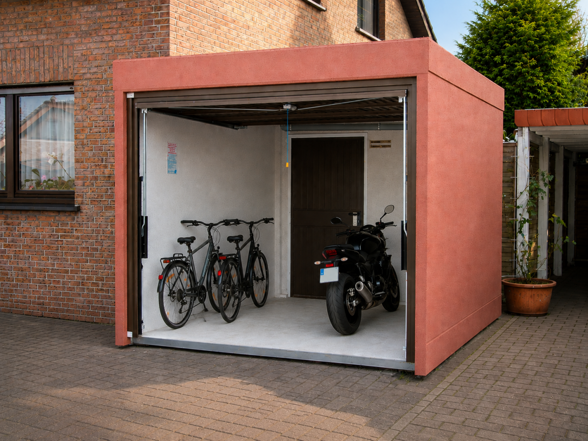 Garage met open deur, twee fietsen en een motorfiets erin. Bakstenen huis op de achtergrond.
