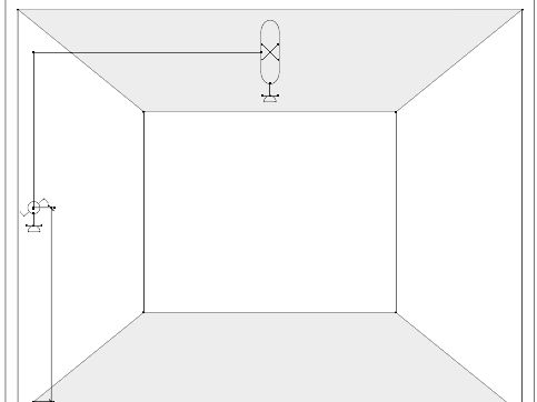 Plattegrond van een vierkante ruimte met ventilatie-installatie aan het plafond en deur aan de zijkant.