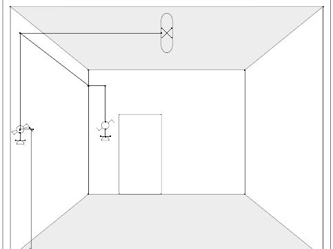 Plattegrond van een kamer met lichtschakelaar, plafondventilator en deur.