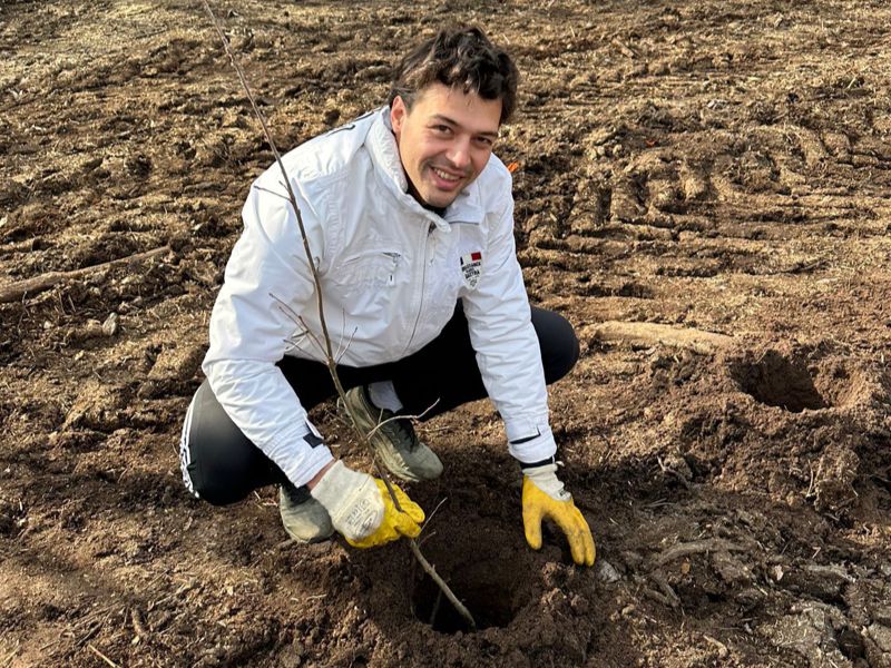 Man knielt bij het planten van een jonge boom in het veld. Draagt jas, handschoenen en donkere broek.