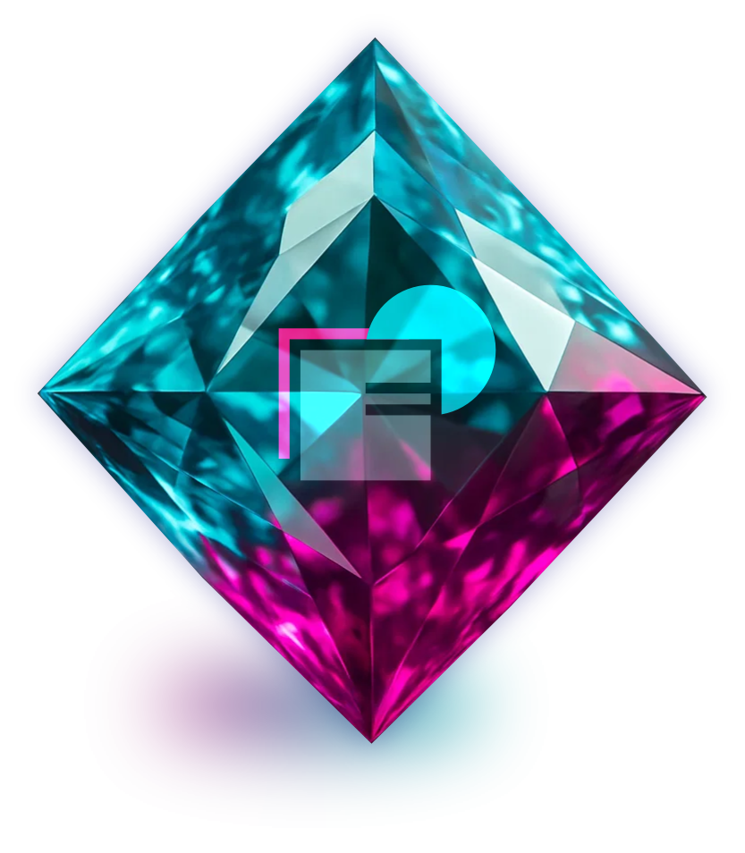 Diamantvormig logo met kleurverloop van turquoise naar roze, daarboven een gestileerde 'F' in zilver.