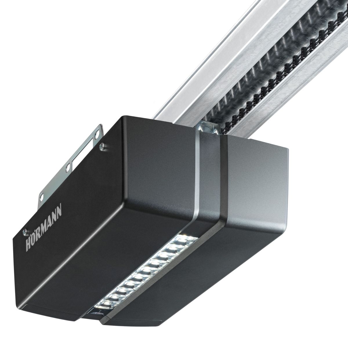 Een elektrische poortaandrijving in zwart met een geïntegreerde led-lichtstrip, tegen een witte achtergrond.