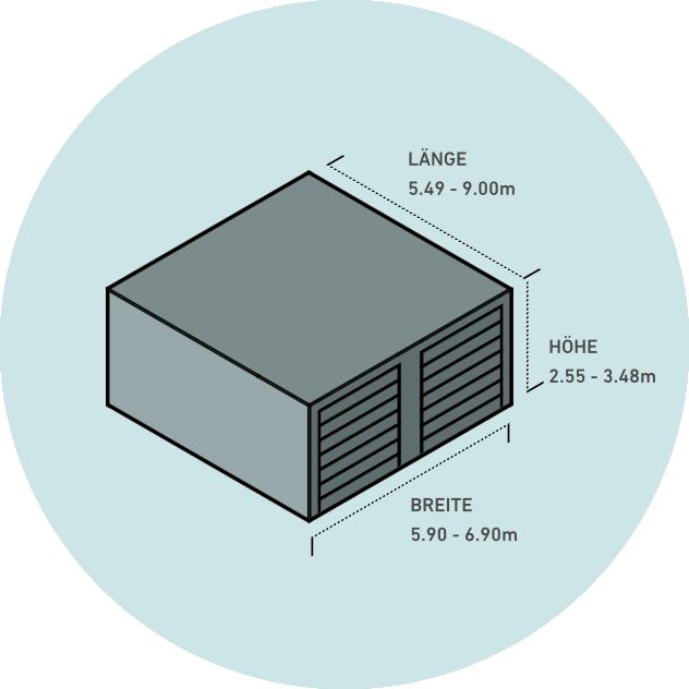 Schematische weergave van een rechthoekige container met afmetingen: lengte 5,49-9,00m, breedte 5,90-6,90m en hoogte 2,55-3,48m.