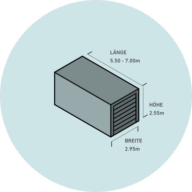 Container met afmetingen lengte 5,5-7m, breedte 2,95m en hoogte 2,55m.