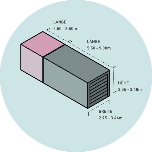 Isometrische weergave van een rechthoekige container met afmetingen in meters: lengte 2.50-9.00m, breedte 2.95-3.44m, hoogte 2.55-3.48m.
