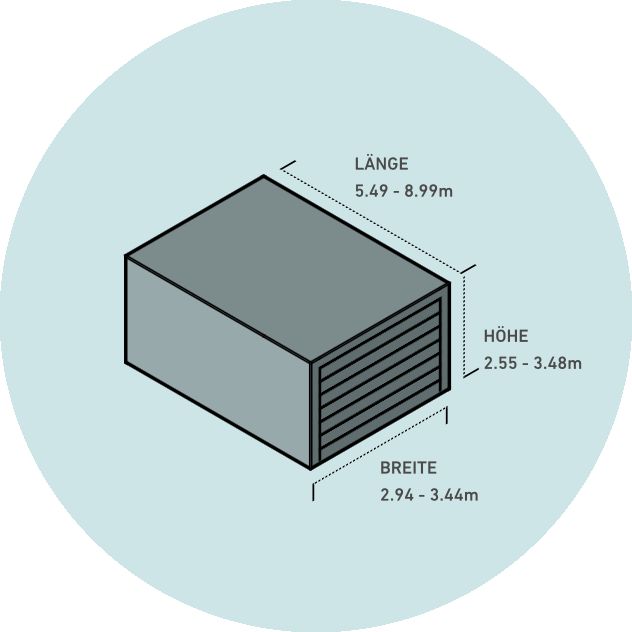 Grijze kubus met afmetingen lengte 5.49-8.99m, breedte 2.94-3.44m, hoogte 2.55-3.48m. Lichtblauwe achtergrond.