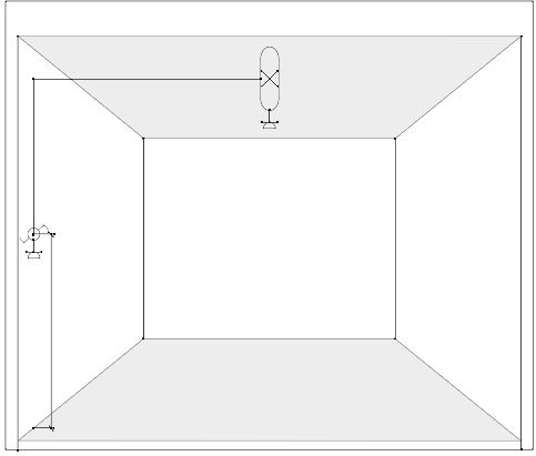 Tekening van een variant van de elektrische installatie met een schakelaar-stopcontactcombinatie op de linkerwand en een tl-armatuur met beschermkap in het midden van het plafond.