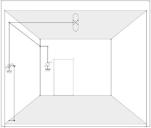 Tekening van een variant van de elektrische installatie met twee schakelaar-stopcontactcombinaties, een op de linkerwand en een op de achterwand naast de deur, en een tl-armatuur met beschermkap in het midden van het plafond.