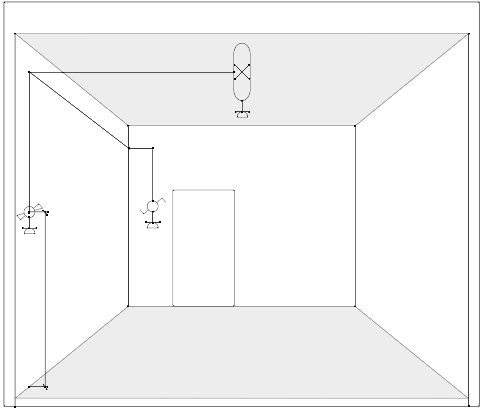 Tekening van een variant van de elektrische installatie met twee schakelaar-stopcontactcombinaties, een op de linkerwand en een op de achterwand naast de deur, een tl-armatuur met beschermkap in het midden van het plafond en een stopcontact onder het plafond voor de elektrische aandrijving.
