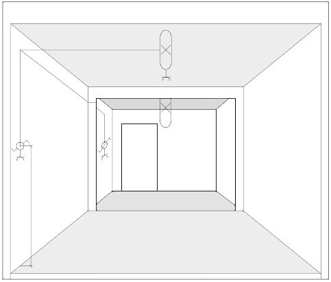 Tekening van een variant van de elektrische installatie met twee schakelaar-stopcontactcombinaties, een op de linkerwand en een op de achterwand naast de deur, en een tl-armatuur met beschermkap in het midden van het plafond.
